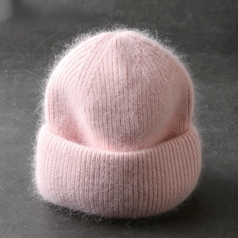 

Шапка-бини из Ангорского кроличьего меха, зимняя шапка для женщин, однотонная вязаная шапка, Осенние Теплые шапочки