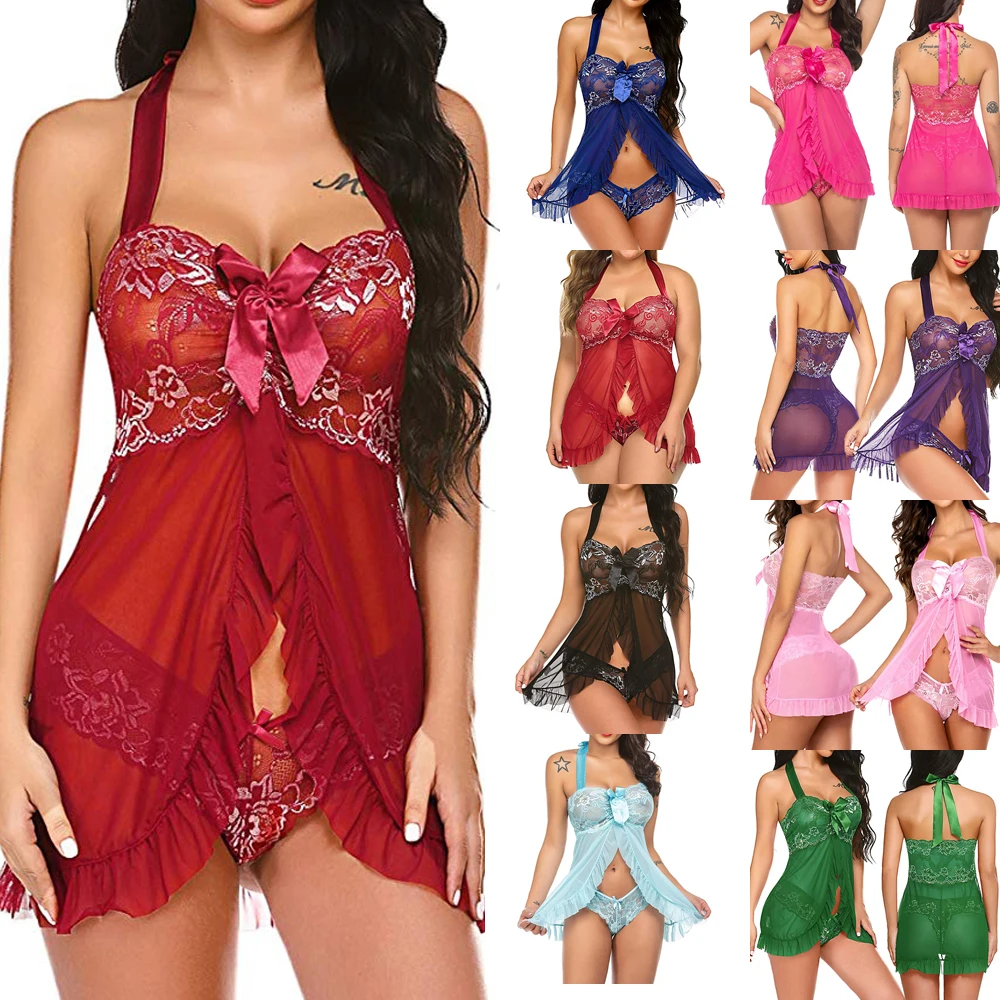 

Women Sexy Babydoll Dress Camisole Lingerie Lace Open Front Ruffles Halter Flyaway Wedding Sleepwear Nightgown Initmates Chemise