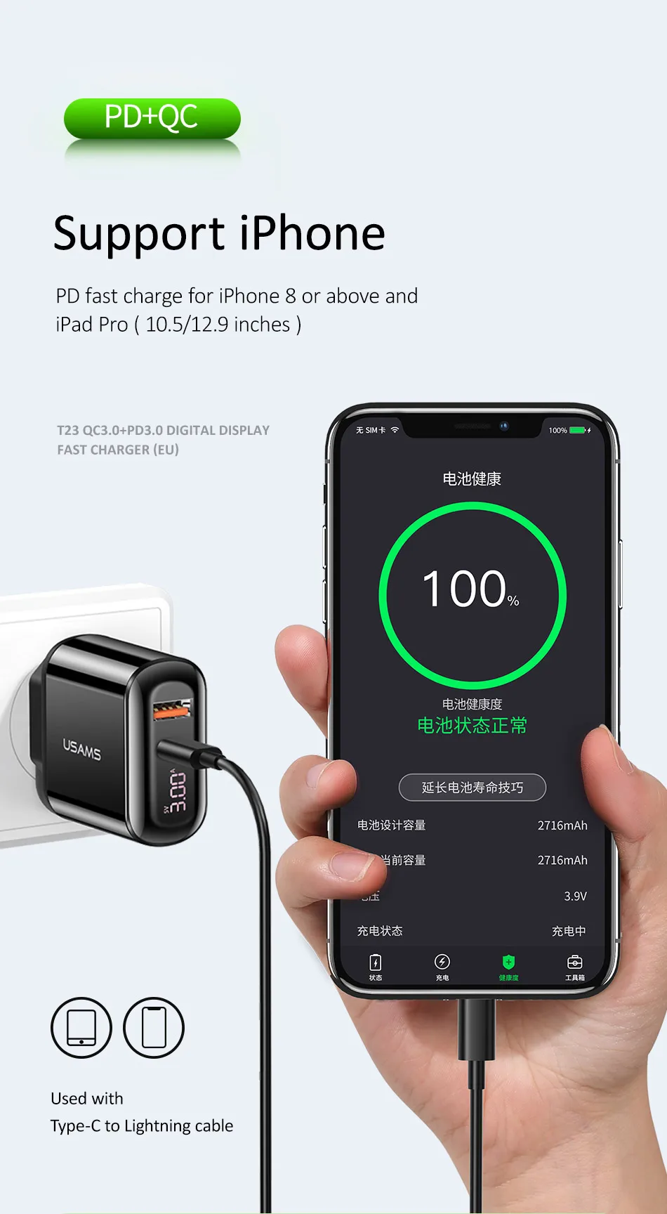 USAMS Quick Charge 3,0 USB зарядное устройство светодиодный дисплей 18 Вт QC3.0 PD 3,0 быстрое зарядное устройство для iPhone iPad Pro двойные порты, для мобильных телефонов зарядное устройство