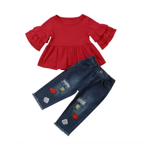

Summer Toddler Kid Baby Girls Clothes Flare Half Sleeve T Shirts Tops Denim Jeans Long Pants 2PCS Sets Child Girl Outfit 1-6Y