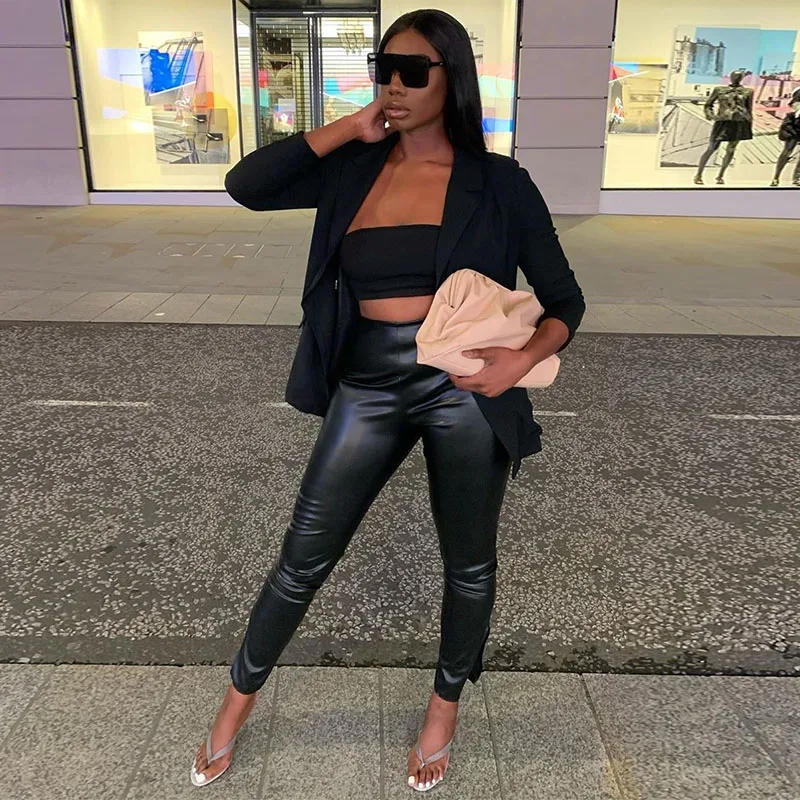 

2021 Fashion Women Ladies PU Leather Trousers High Waist Skinny Solid Color Slim Split Feet Pants for Sexy Wild Streetwear