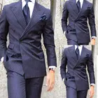 Формальные темно-синие полосатые мужские костюмы, двойная Brested деловая рабочая одежда, лучший мужской смокинг, костюмы жениха для мужчин, Свадебный Мужской Блейзер, 2 шт