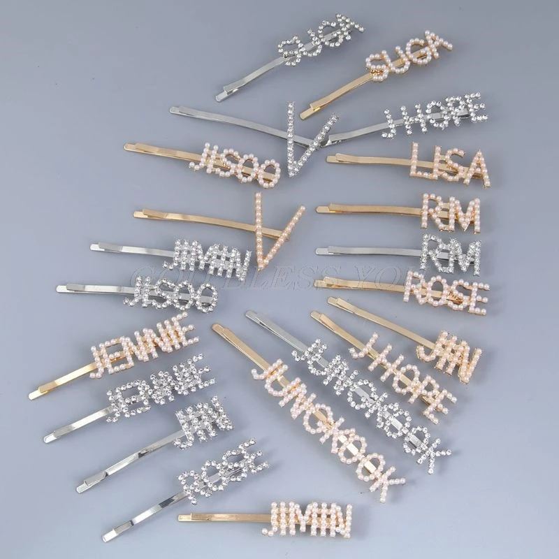 Женские металлические буквы Bobby Pins Kpop имя членов имитация жемчужины, горный хрусталь для волос зажим для поддержки болельщиков декоративные заколки