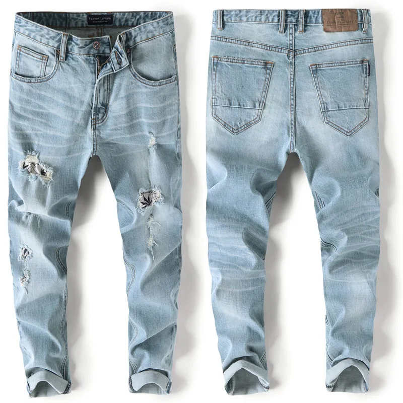 

Men's spring and autumn new jeans men's trend slim casual holed jeans men's Capris