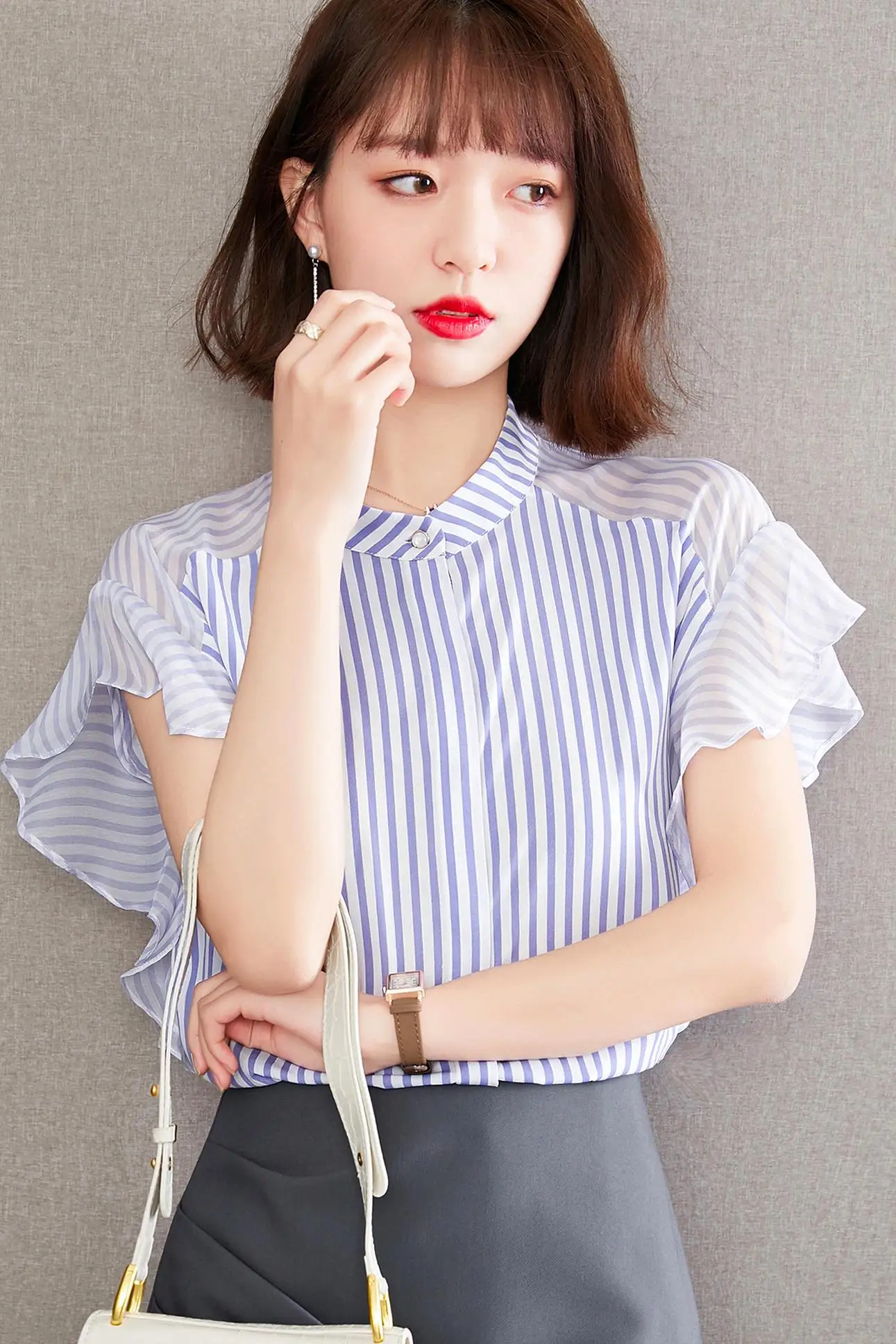 

COIGARSAM Short Sleeve blouse women Summer Striped Chiffon blusas womens tops and blouses 1167