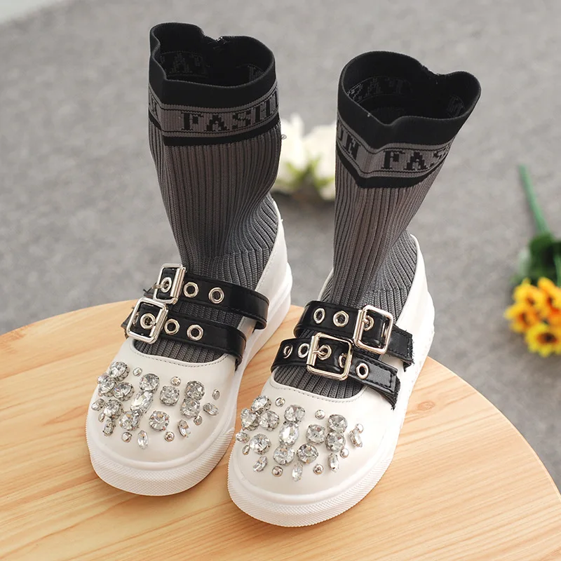 Ботинки для девочек Осенние вязаные стразы детские высокие ботинки кроссовки