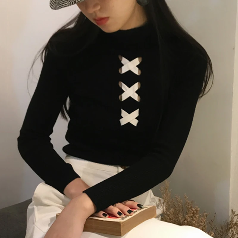 

Etienne Jr Women Sweaters Pullovers Tops Turtleneck Knitting Patchwork Crisscross Long Sleeve Slim Elegant Retro All-Match Trend