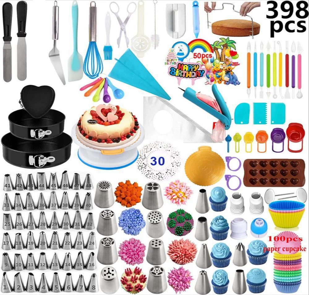 

398pcs/box Sugarcraft Cake Decorating Tools Fondant Mold Nonslip Turntable Silicone Icing Piping Cream Pastry Bag Nozzle Spatula