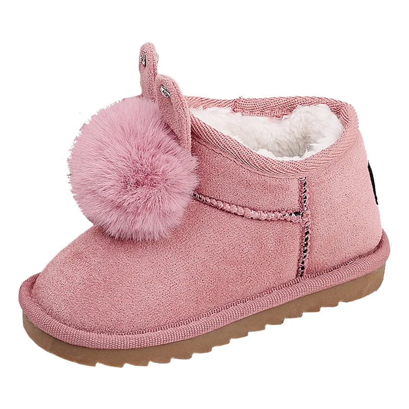 

Winter Girls Cotton Shoes Plus Velvet Cartoon Cute Fur Ball Thickening Boys Korean Children Snow Boots Non-slip Boots