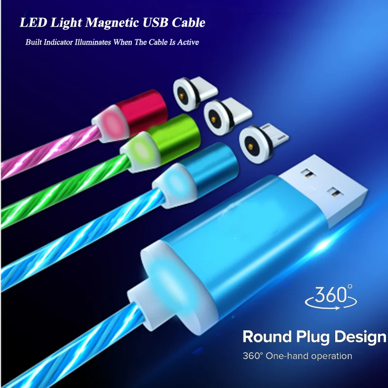 Светящийся светодиодный ленточный Магнитный кабель Type-c для быстрой зарядки Micro