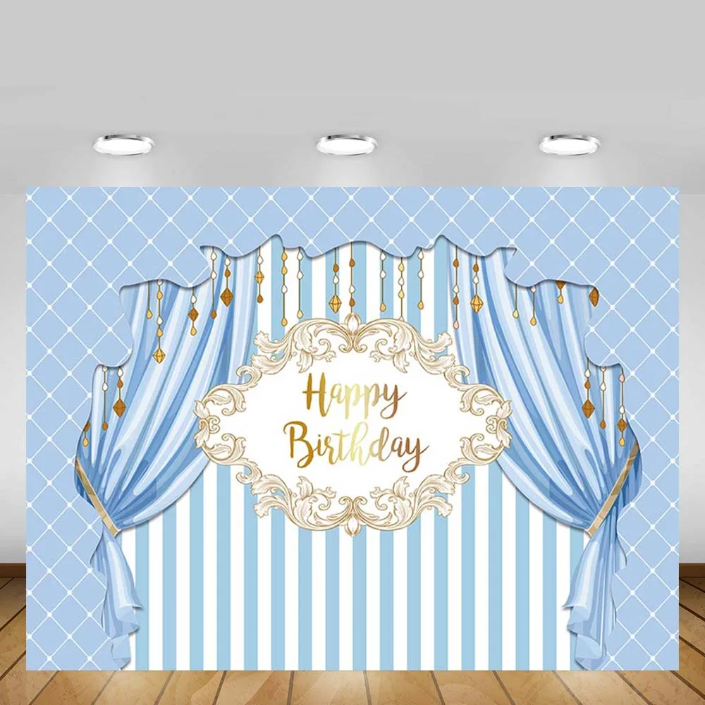 

Mehofond Prince Birthday Party Photography Backdrop Blue Curtain Stripe Boy Portrait Photocall Background Photo Studio Banner