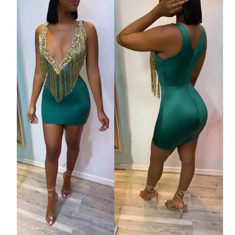 Оптовая продажа 2020 женское платье Синий v образным вырезом кисточкой сексуальный