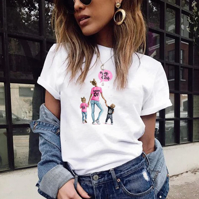 

Lady Harajuku Tshirt Vintage O Neck Parent Child Print Casual Short Sleeve Summer Fashion Tee Tops Female Vintage T-Shirt New