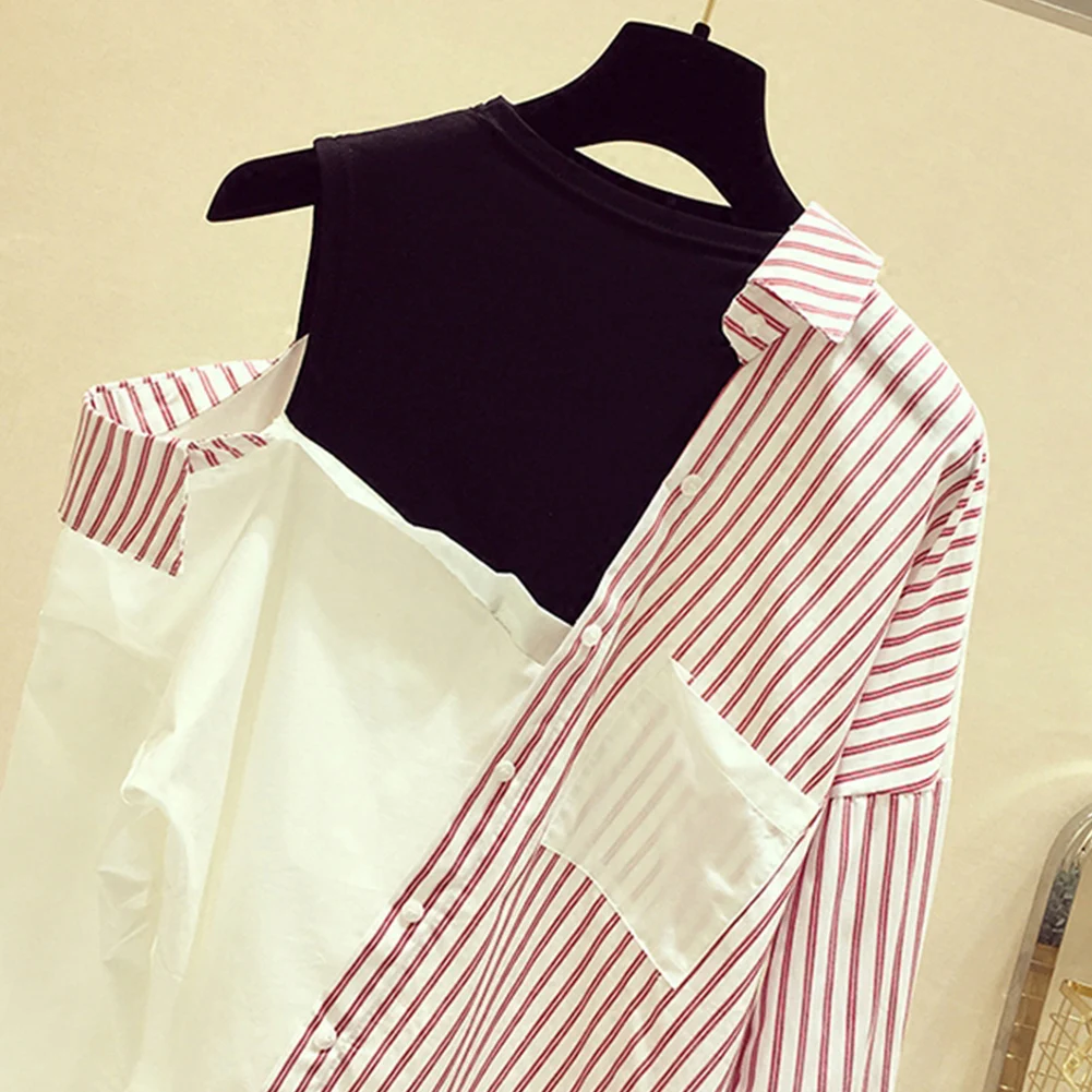 

Party Irregular Round Collar Pocket Loose Stripe Women Shirt Soft Daily Long Sleeve Lightweight Off Shoulder Blouse Casual