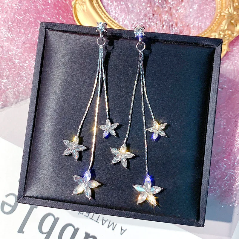 Женские блестящие серьги подвески FYUAN длинные с тремя цветками и кристаллами