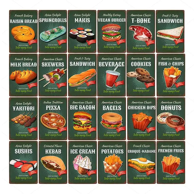 

Burger Pizza Sandwich Metal Tin Sign Board Fast Food Restaurant Poster Sushi Fries Retro Plaque Pub Bar Kitchen Restaurant Decor