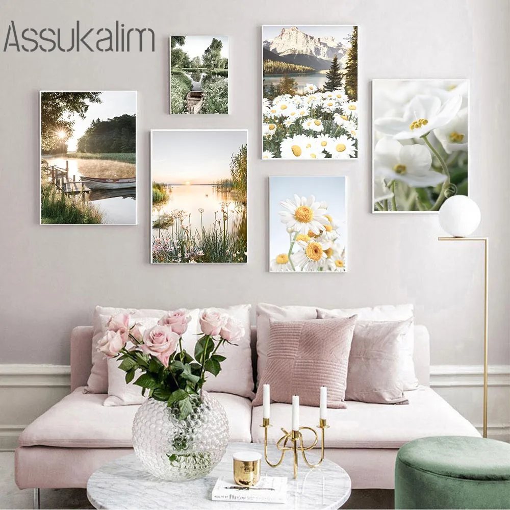 

Natural Scenery Wall Art Canvas Print Daisy Flowers Paintings Mountain River Prints Nordic Wall Pictures Living Room Decor