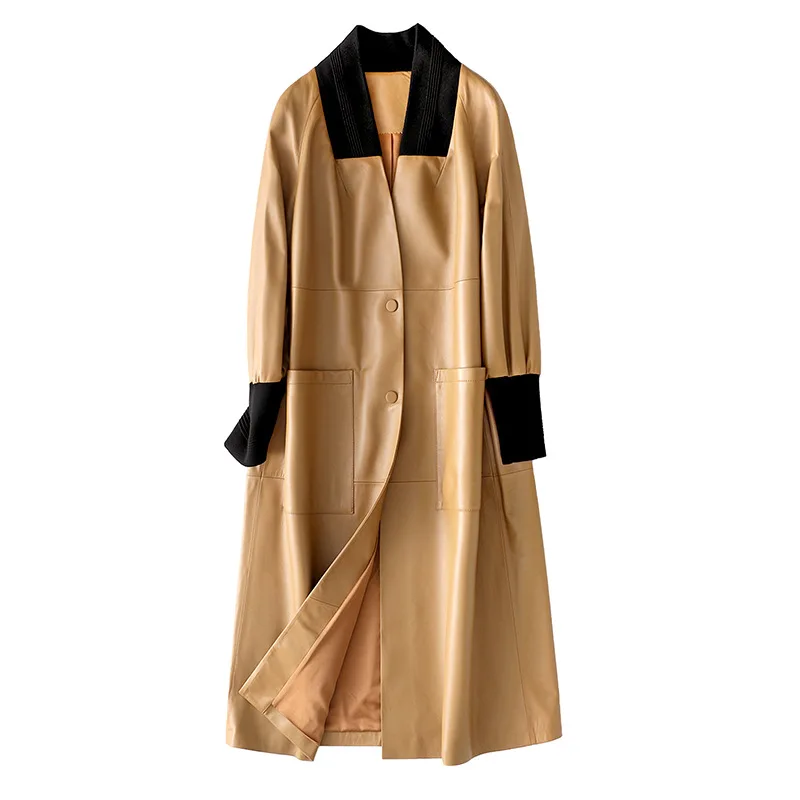 Chaqueta de cuero auténtico para mujer, abrigo largo de piel de oveja, versión coreana, venta al por mayor, 2021