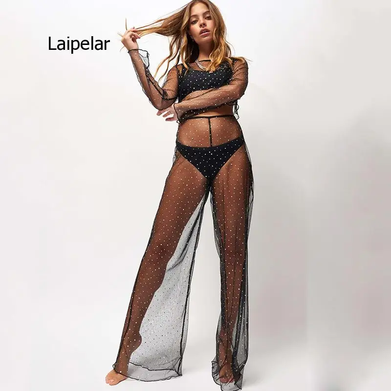 

2021 New Sunscreen Shirt Two Piece Set Sexy Mesh Sexy Bikini Beach Cover for Women Summer