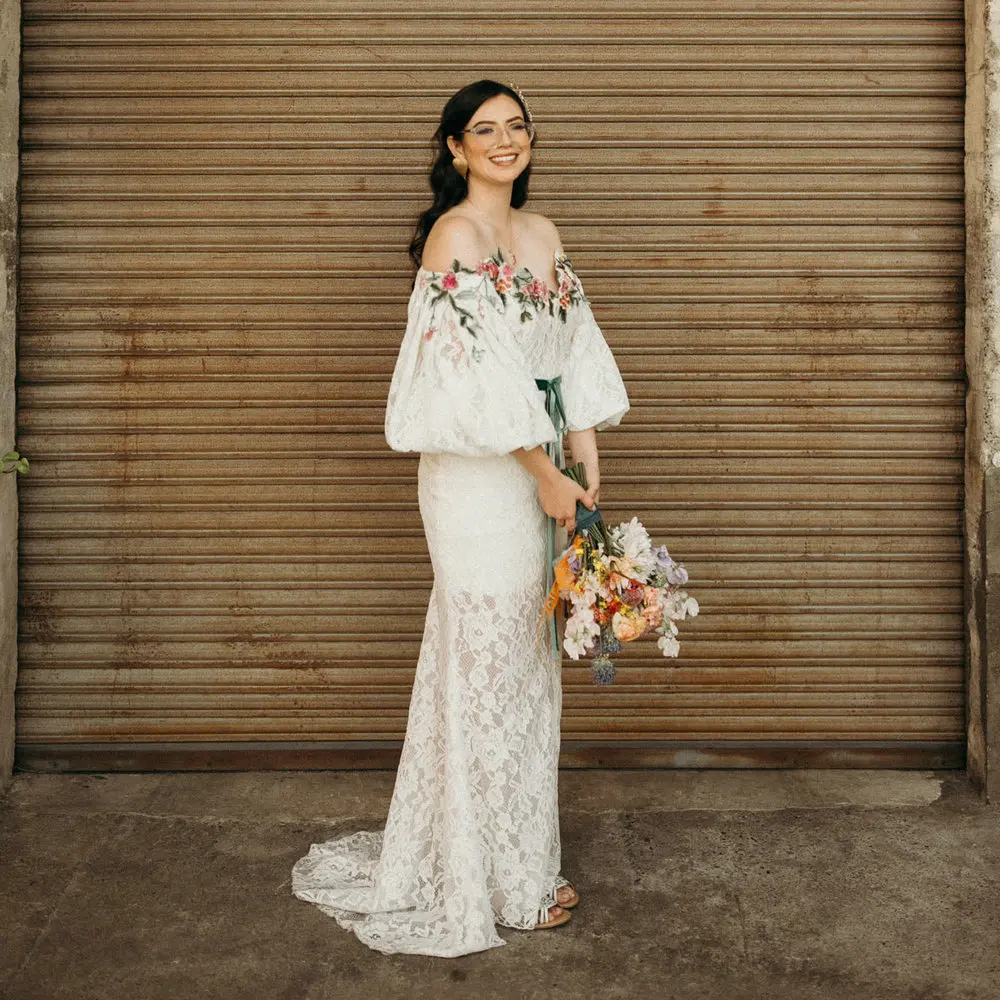 

Simple Mermaid Lace Applique Flare Sleeve Wedding Dresses 2022 Ivory Off the Shoulder Bohemian Bridal Gowns Beach Robe De Mariée