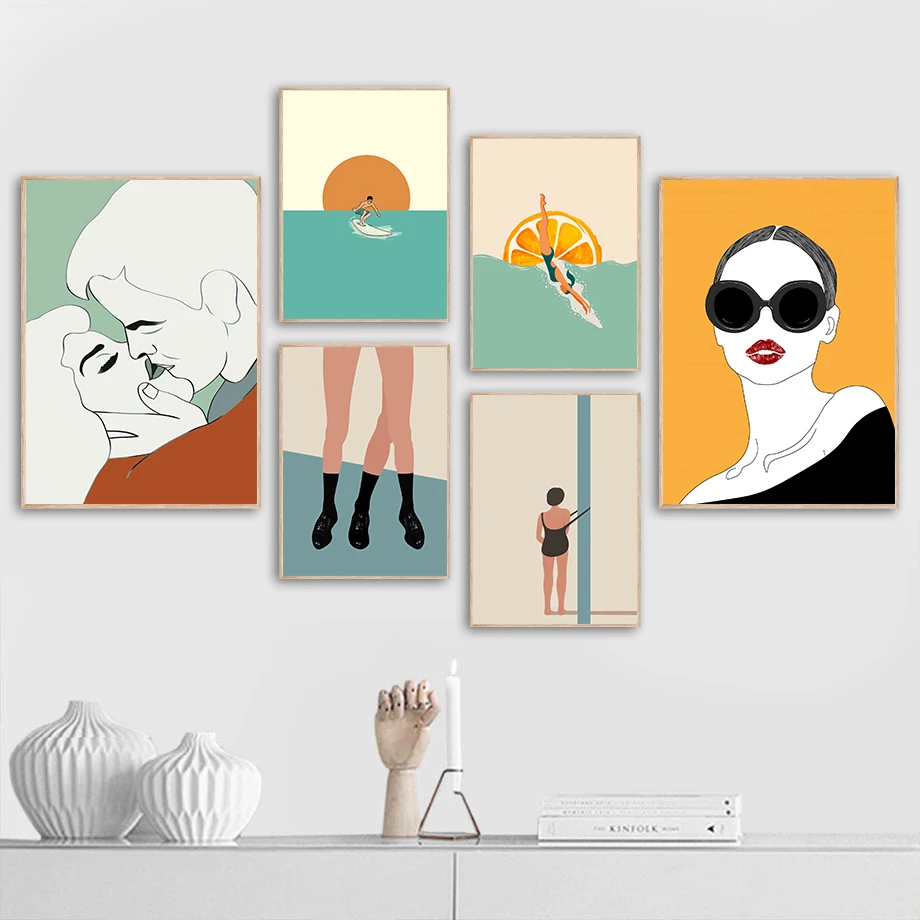 

Girl Kiss Sunglasses Sun Ocean Orange Wall Art Canvas Painting Nordic Posters And Prints Wall Pictures For Living Room Decor