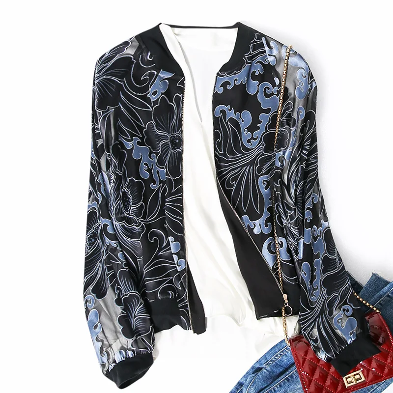 

Vintage literary print silk rotten flowers jacket jacket female mulberry silk loose Korean version of baseball jersey cardigan