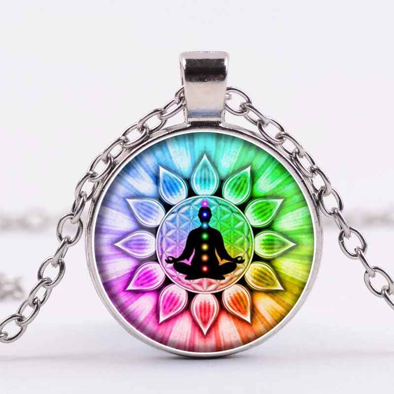 Classic Hindu Buddhism OM AUM Sign Buddha Lotus Necklace 7 Chakra Colorful Mandala Flower Of Life Pendant Necklaces Yoga Jewelry | Украшения