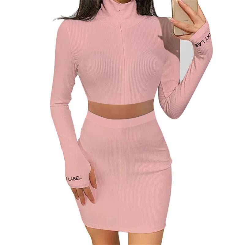 

Sets for Women Skirt Luck Label Long Sleeve Crop Top Mini Skirts Skinny Knitted Streetwear Two Piece Set Wholesale Dropshipping