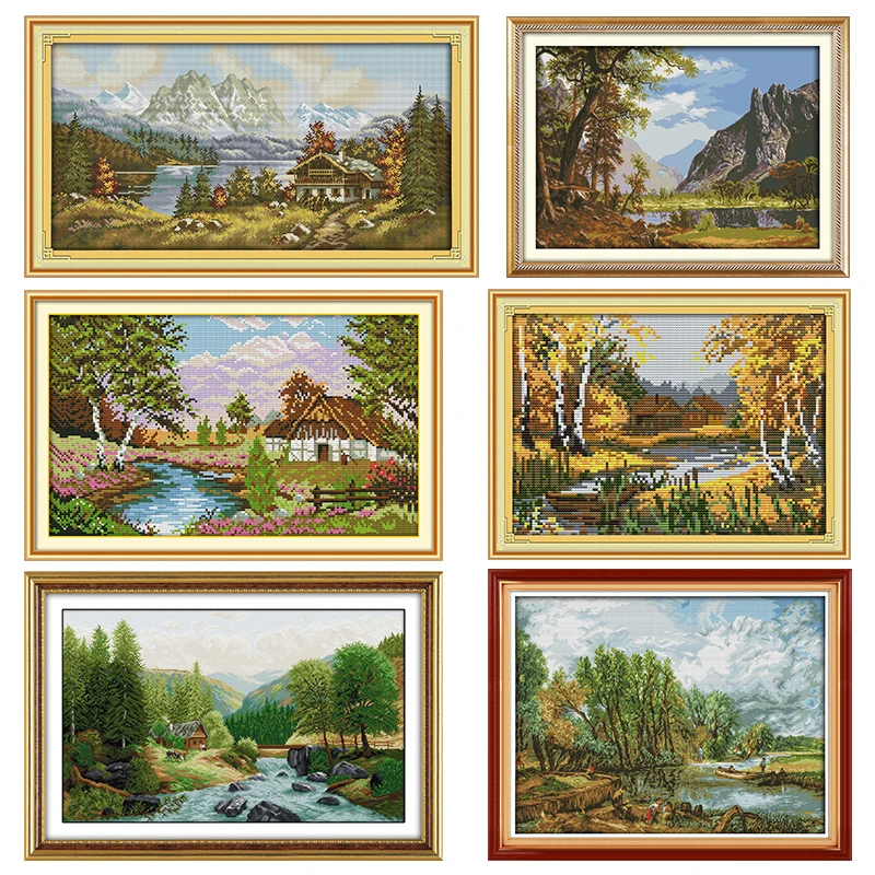

Joy Sunday Bridge River Home Stamped Cross Stitch Kits Embroidery 11CT 14CT Counted Printed Needlework Decoration Art Craft Sets