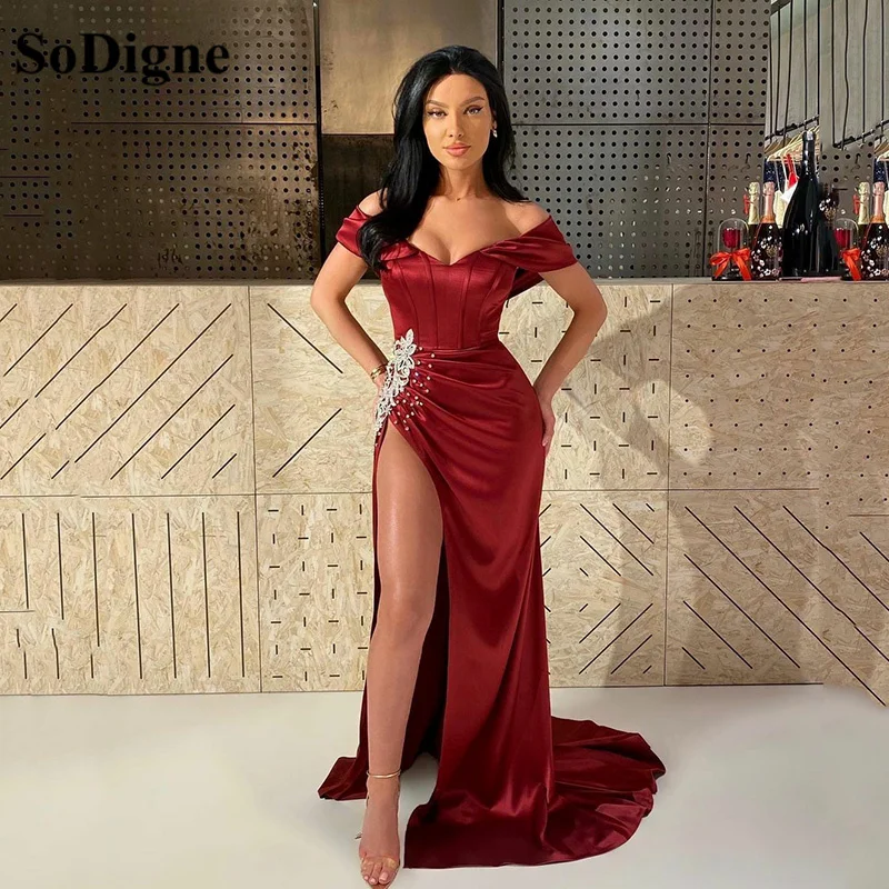 SoDigne Burgundy Mermaid Off The Shoulder Evening Dress Satin Formal Night Dress Made Side Split Plus Size Prom Dress (0)
