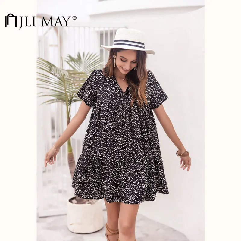 

JLI MAY Women Print Shift Dress Bohemian Summer V-Neck Short Sleeve Empire Patchwork Ruffles A-Line Loose Mini Dresses