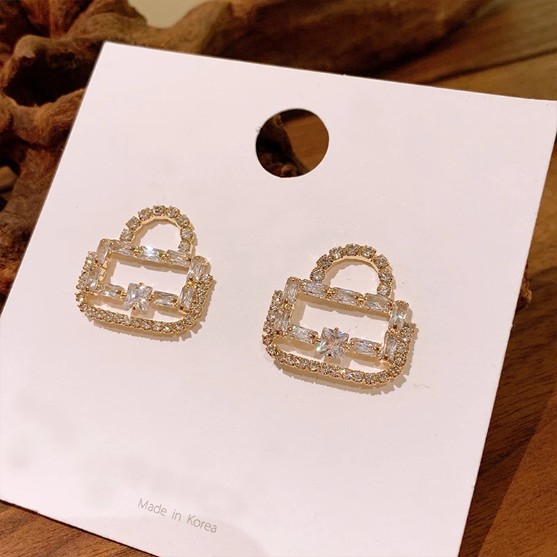 

MENGJIQIAO New Korean Fashion Cute Micro Paved Zircon Bag Shaped Stud Earrings For Women Girls Elegant Pendientes Jewelry Gifts