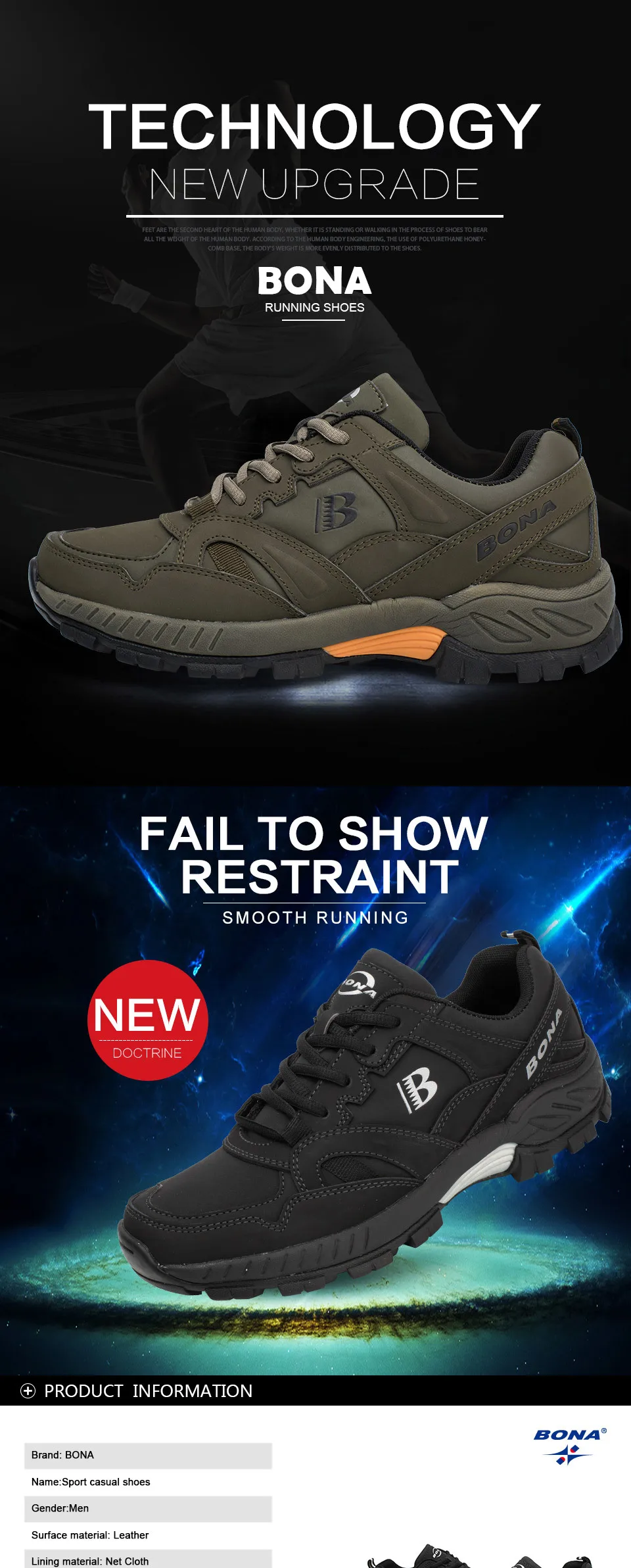 BONA Man Hiking Shoes Men Suede Breathable Lace Up Men Athletic Shoes Outdoor Jogging Sneakers Comfortable Soft Outdoor Sneakers