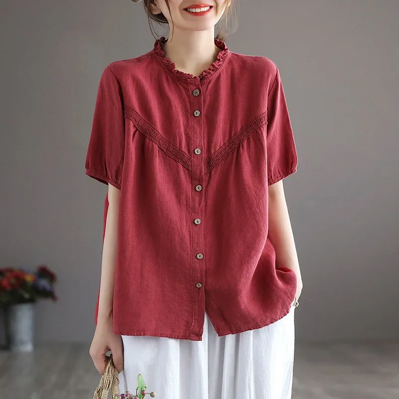 Женские повседневные рубашки из 100% хлопка однотонные свободные топы с коротким