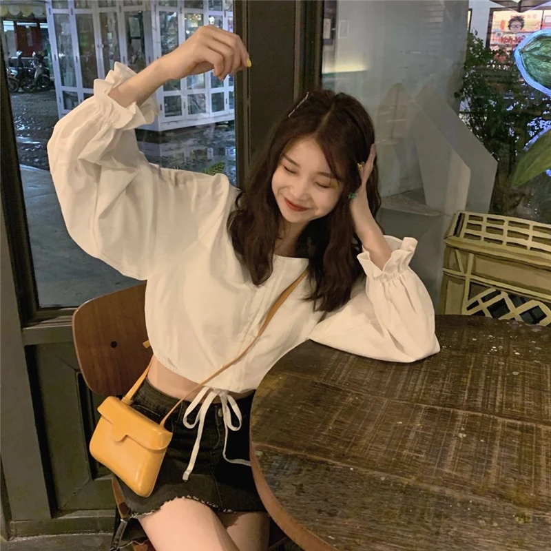 

sweet o-neck full short Spring and autumn style Korean Trend temperament Women's Clothing Shirts high quality black ladies tops