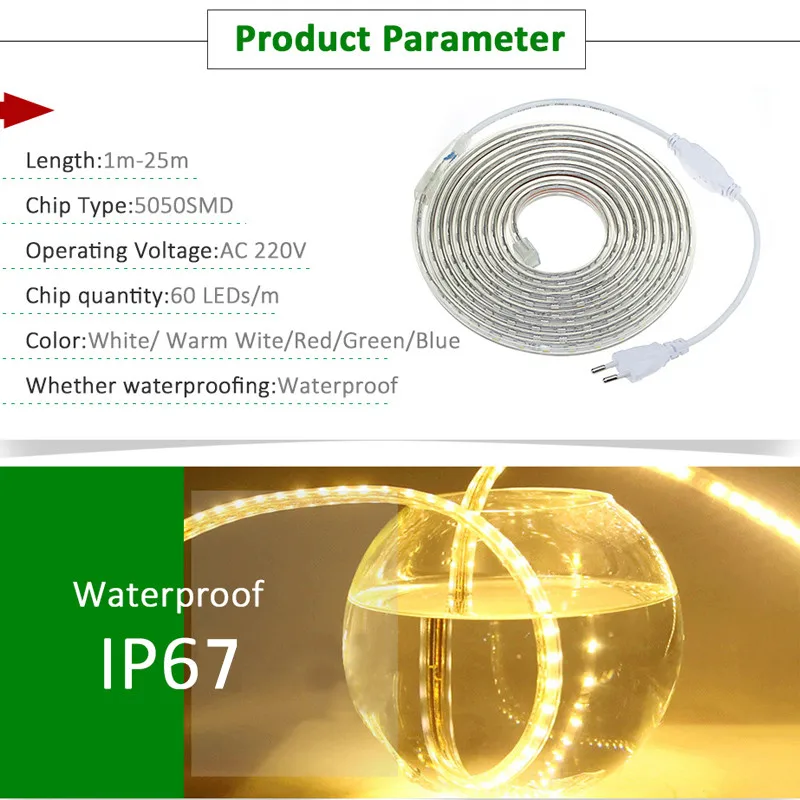 Водонепроницаемая светодиодная лента 5050 SMD IP67 220 В 60 светодиодов/м красный синий