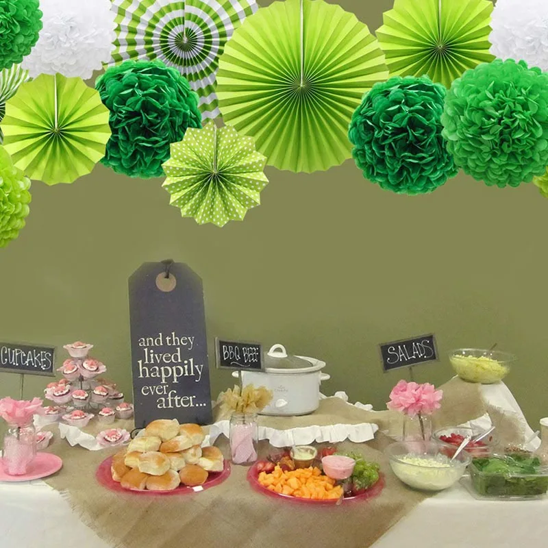 

14pcs/set Green Paper Lanterns Tissue Pompoms Flower Honeycomb Ball Paper Fan Rosettes Hawaiian Party Favors DIY Decorations