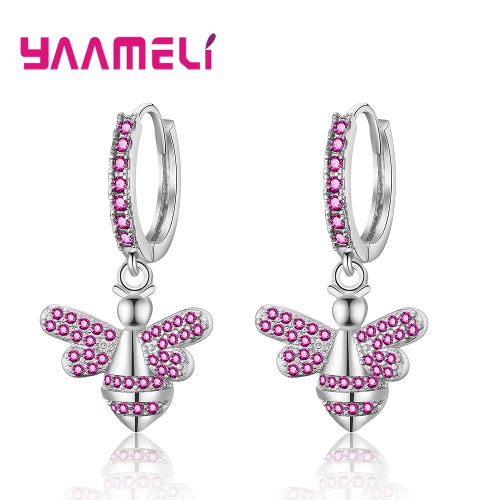 Silver Fushia Серьги для женщин отличный полный кубический цирконий пчела мотаться розовое золото цвет модные женские Девушки Танцы вечерние ювелирные изделия - Окраска металла: Silver Fushia