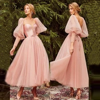 verngo ankle lengh blush pink homecoming party dresses puff long sleeves dot tulle a line vintage formal evening gowns 2021