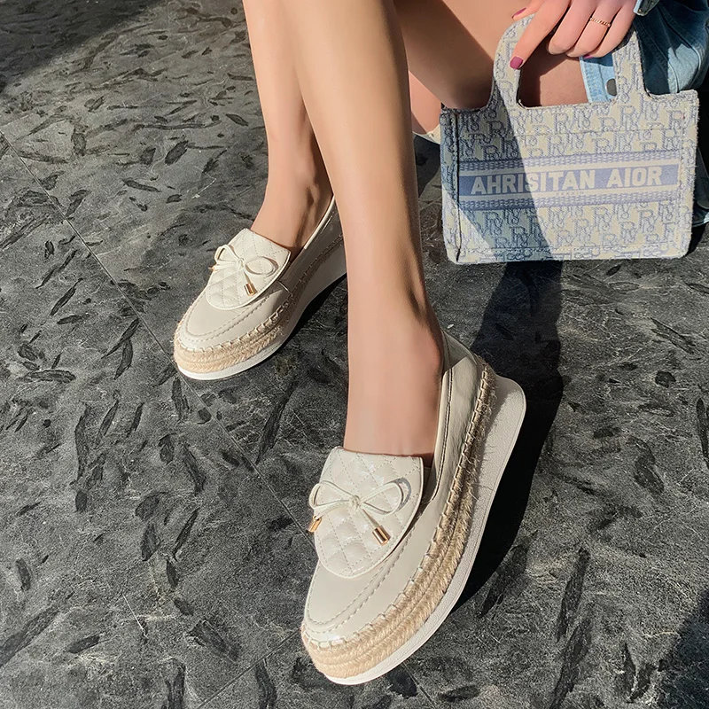 

Platform Shoes Woman Heels Butterfly Knot Women Flat Shoes 2021 Spring New Genuine Leather Office Lady Shoes For Women