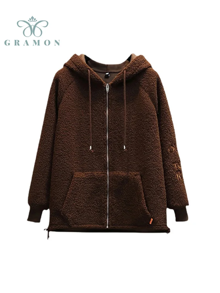 

Hooded Jackets Women Oversized Winter Faux Fur Lamb Fur Coat Loose Chaquetas Para Mujer 2021 New Thicken Warm Outerwear Femme