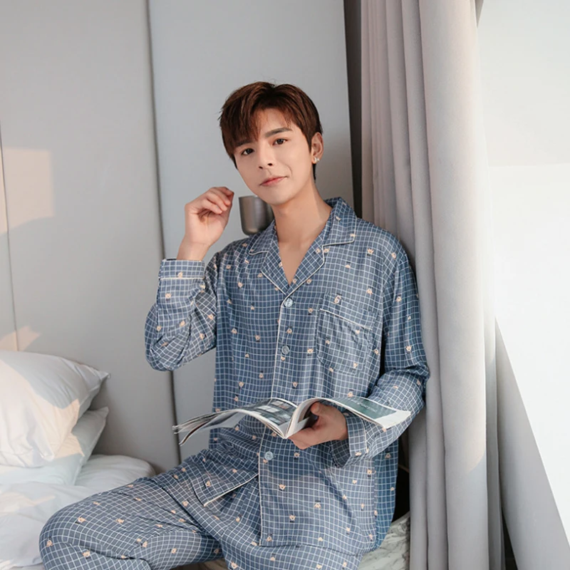 Осенне-зимняя пижама из 100% хлопка для мужчин спальная одежда отдыха пижамы синее