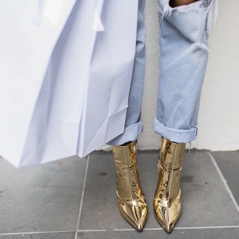 

Ботинки женские кожаные на высоком каблуке, с острым носком, металлик