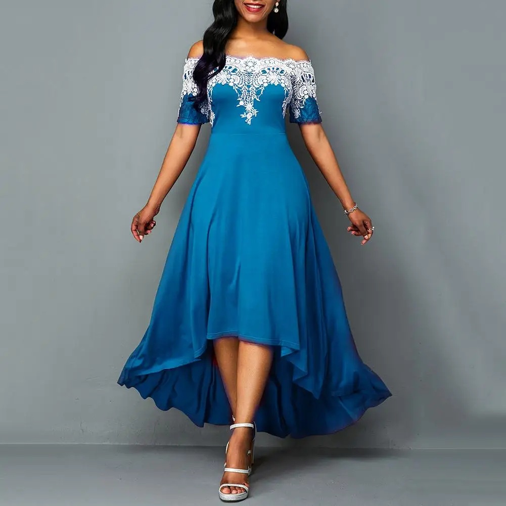 Женское кружевное платье с открытыми плечами и коротким рукавом асимметричное