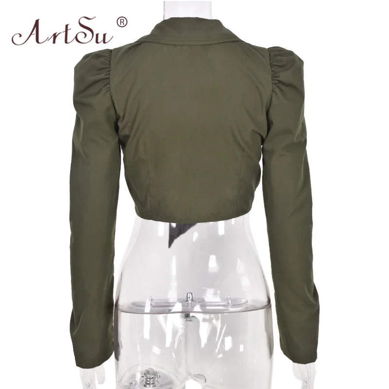 

ArtSu Lady Puff Sleeve Green Short Blouses Deep V-Neck Sexy Lace Up Slim Wrap Cropped Shirt Femme Autumn Women Tops Streetwear