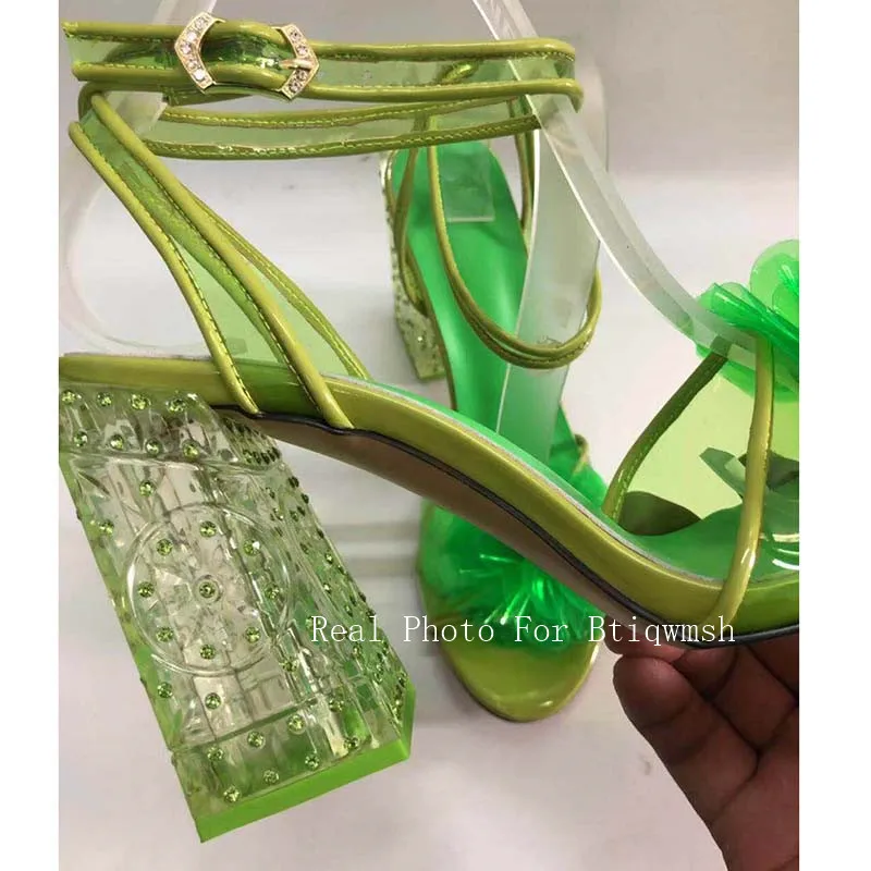 Green Crystal Sandals Women Open Toe Flower Rhinestone Ankle Strap Transparent High Heel Shoes Woman Fashion Wedding Shoes