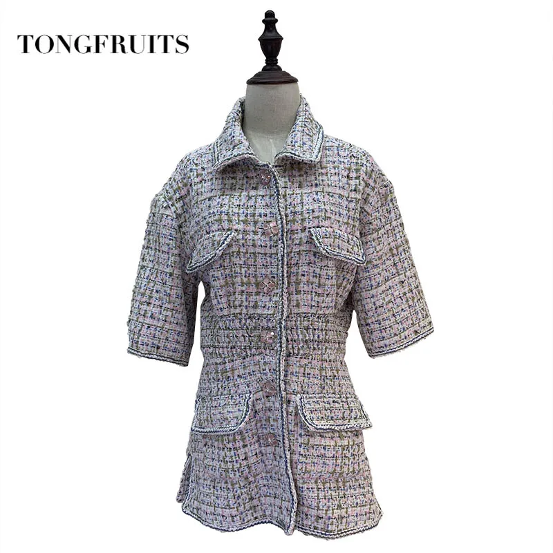 2019 новая женская мода с коротким рукавом отворотом окрашенная пряжа платье ткань