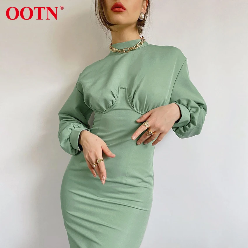 Женское платье с высоким воротом OOTN элегантное осеннее зеленое Повседневное