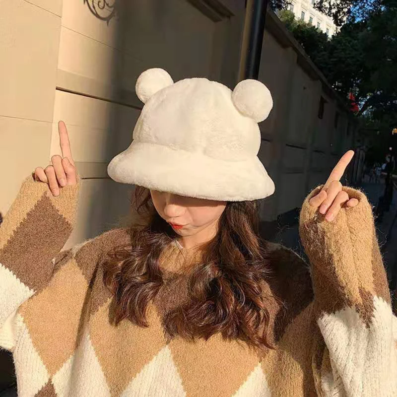 

Bear Ear Ball Hat Fashion Autumn Winter Fur Bucket Hat Plush Fisherman Cap Soft Warm Thick Basin Hats Protection Bucket Hats