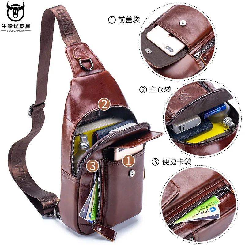 melhor Bullcaptain Couro Genuíno Sacos Do Mensageiro Masculino Casual Peito Mochila Moda Multifuncional Música Peito Saco Excursão Saco S